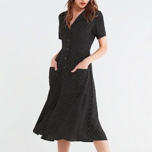 UO button down midi shirt dress black + polka dots